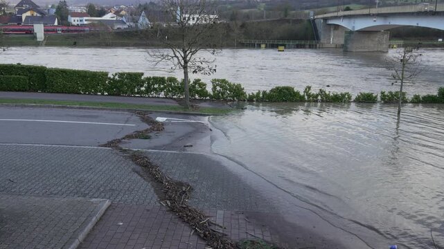 Moselle River flood due to heavy rain in Luxembourg area Europe bad weather