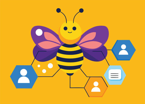 A cheerful cartoon bee with purple wings is linked to several hexagonal icons featuring person and document symbols on a yellow background.