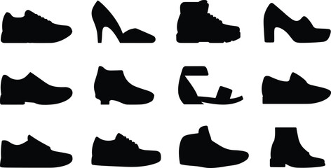 Footwear silhouettes illustration, shoes and boots icons set, men women fashion footwear collection, black minimalist shoe shapes isolated vector