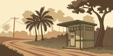 A rustic wooden hut nestled under the shade of tall palm trees in a dry, open landscape. Vector © RABBY