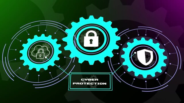 Cyber protection defense system with rotating gears, advanced malware prevention and firewall security, high tech digital data safety background loop.