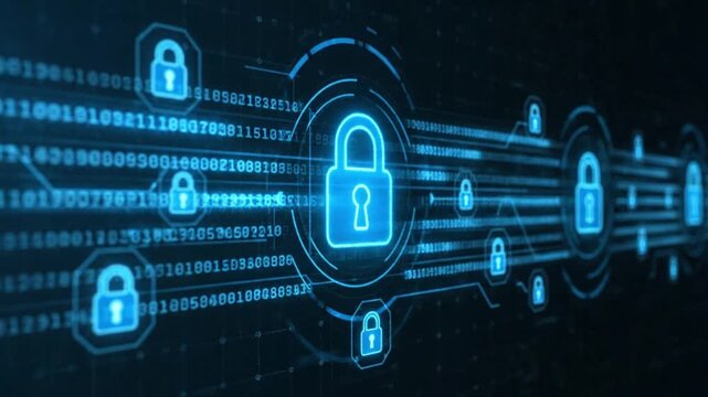 Cyber Security Concept Digital Data Protection with Glowing Padlock and Binary Code Animation