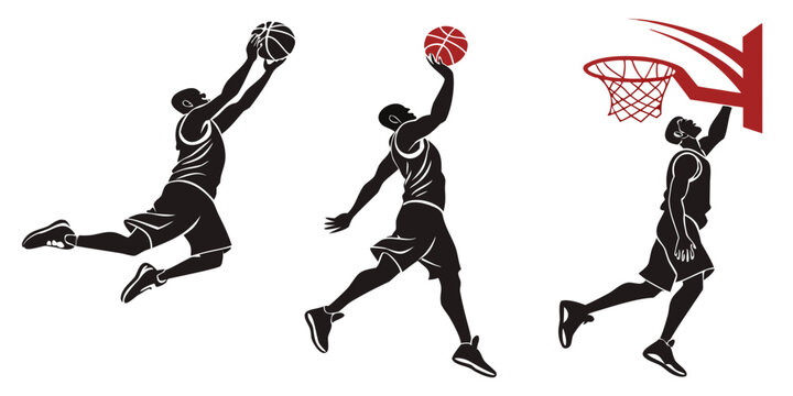 Three basketball players in action with a basketball hoop in the background Vector