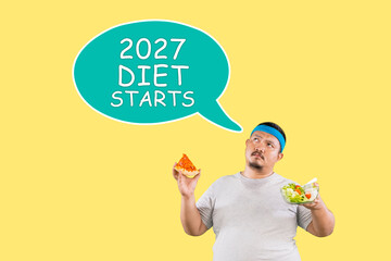 Overweight Man Choosing Between Pizza and Salad with 2027 Diet Starts Text