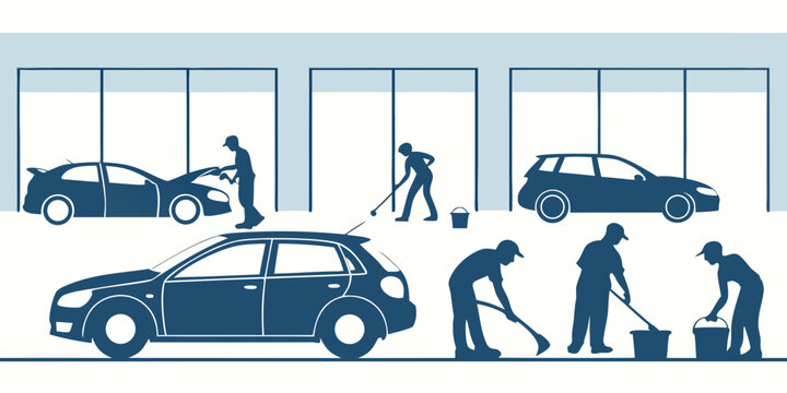 People are seen walking and working around a car dealership with various vehicles on display. Vector