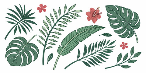A vibrant illustration of tropical leaves and flowers in a symmetrical arrangement Vector