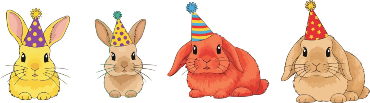 Brightly colored cartoon bunnies in decorated festival cones