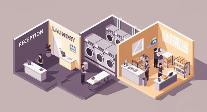 Isometric illustration of a laundry facility with reception and washing area.