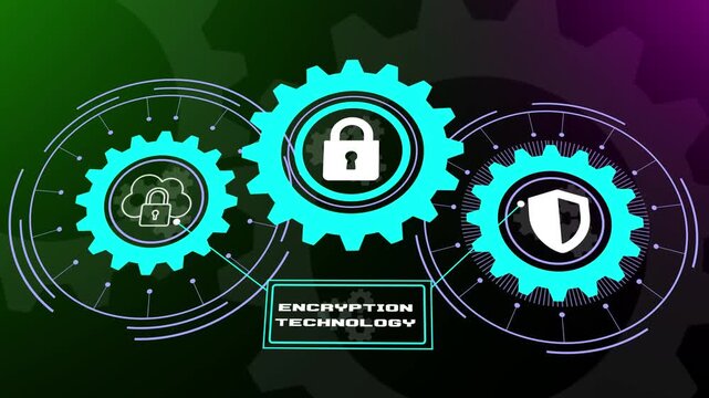 Encryption technology for digital data security, secure cryptographic coding with glowing lock icon, futuristic technology background loop.