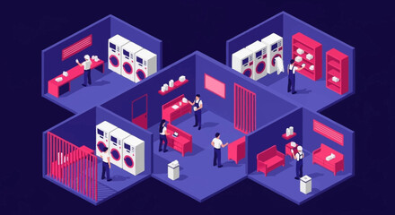 Obraz premium Isometric illustration of a laboratory setting with various rooms and scientists working.