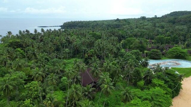 Aerial view of Ilh&eacute;u das Rolas overlooking the Pestana Resort , which is currently abandoned.S&atilde;o Tom&eacute;,Africa