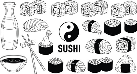 Sushi Collection Vector Illustration with Nigiri Maki Rolls Soy Sauce Chopsticks and Japanese Cuisine Elements © SM