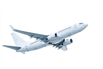 Obraz premium White jetliner ascending against a stark white background, engines roaring