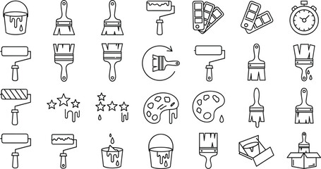 Painting and Renovation Line Icon Set with Paint Roller Brush Bucket Palette and Color Swatches Outline Symbols © SM