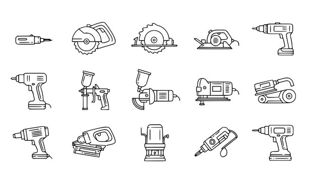 Editable stroke line icons of power tools including drill, screwdriver, circular saw, and angle grinder