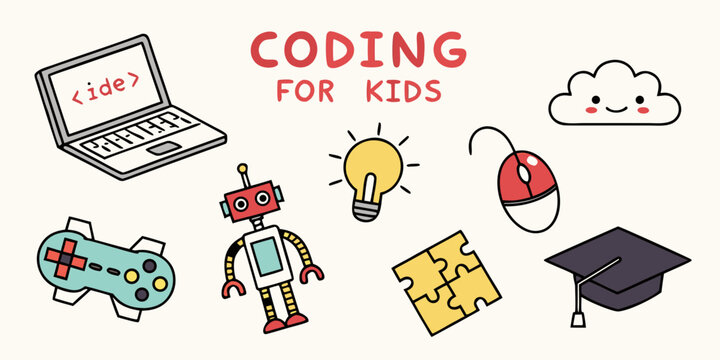 Colorful illustrations depicting coding for kids with various educational elements. Vector