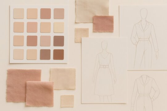 Creative flat lay showing fashion designer workspace with garment sketches, nude fabric samples, and coordinating color palette