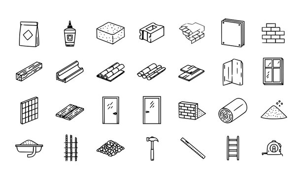 Editable stroke line icons of construction materials and building components