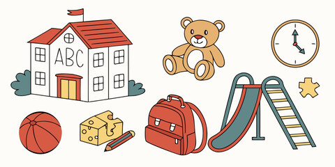 A variety of toys and household items arranged neatly on a white background Vector © BOY