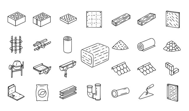 Editable stroke line icons of construction building materials and industrial equipment