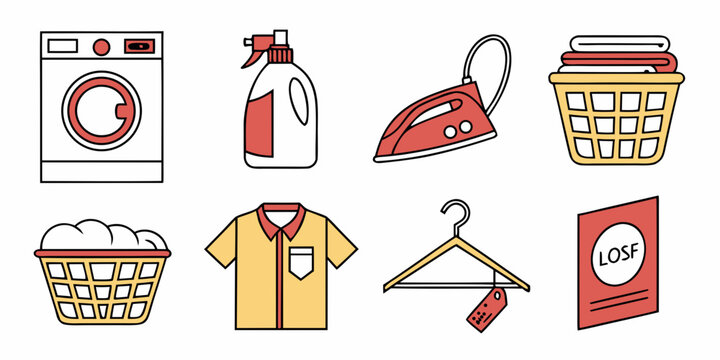 A colorful illustration of various laundry day essentials and activities Vector