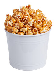 caramel popcorn in white bucket on white background.