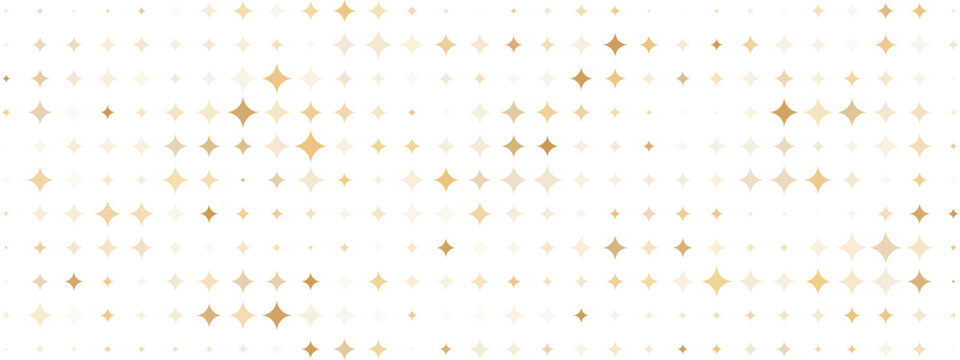 Yellow star sparkle pattern. Four-point diamond shapes scattered on white backdrop. Gradient gold geometric dots. Retro Y2K poster, party card, glamour banner, festive wallpaper. Vector texture.