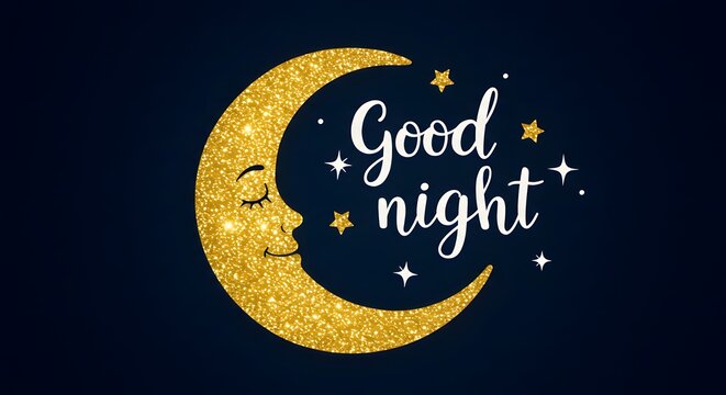Golden Glitter Moon and Starry Night Sky with Good Night Text for Sleep and Bedtime