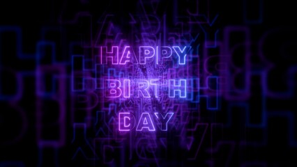 Happy Birthday neon glowing text on dark background with purple and blue geometric lines, futuristic digital celebration concept featuring abstract light leaks and overlay.