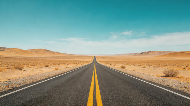 Desert Road with Yellow Lines Under Clear Sky