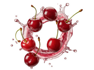 cherries with water splash on transparent background.