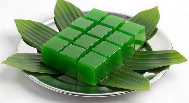 Buko pandan dessert squares on a bed of leaves