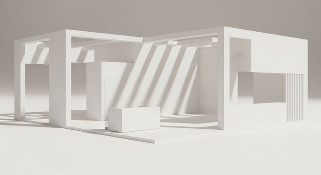 A minimalist white architectural model with geometric forms and strong shadow patterns.