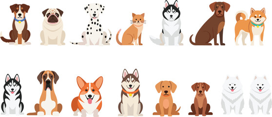 Cute Domestic Dog Breeds Collection with Husky Corgi Dalmatian Pug and Other Puppy Characters Vector Illustration Set © Aminul