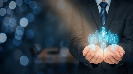 A businessman in a suit holds a group of glowing human figures in his cupped hands against a blurred bokeh background team leadership people human resources management success
