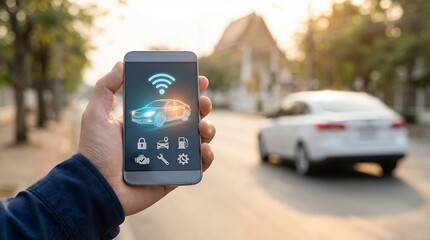 Person holds smartphone displaying car app interface with connected vehicle icons and wireless signal on a street with a moving car mobile technology connectivity internet