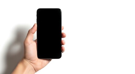 A hand holding a smartphone with a blank screen against a white background