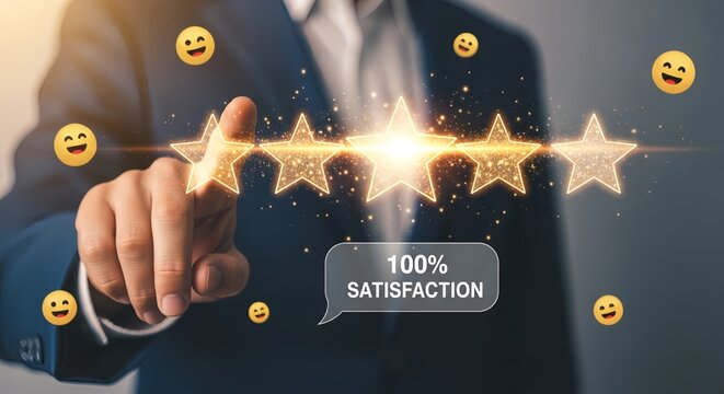 Businessman giving 100 percent satisfaction rating with glowing stars
