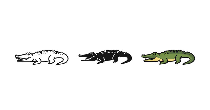 Three stylized crocodile illustrations in different colors on white background