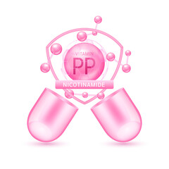 Fototapeta premium Pink vitamin PP in shield surrounded by atoms molecules float out of the open capsule on white background. Pill drug vitamins complex. For design dietary supplement products. 3D vector.
