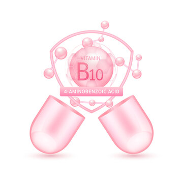 Pink vitamin B10 in shield surrounded by atoms molecules float out of the open capsule on white background. Pill drug vitamins complex. For design dietary supplement products. 3D vector.
