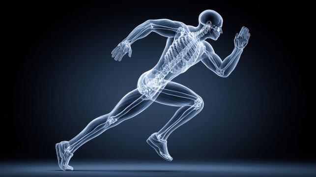 Anatomy of a running man in an X-ray view against a dark background.
