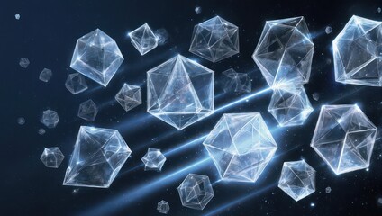 Abstract geometric shapes floating in space with light streaks.