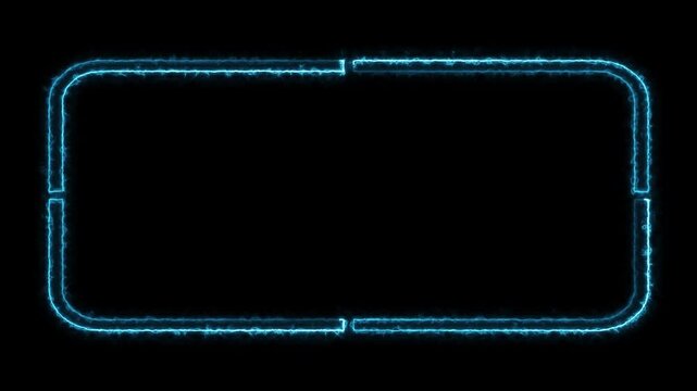 Neon blue dashed rounded rectangle glowing frame animation motion graphics on dark black background.