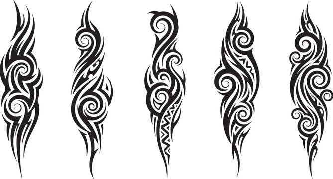 Black tribal tattoo spiral vector set with Maori ethnic pattern scroll design elements for body art and graphic cad drawing,