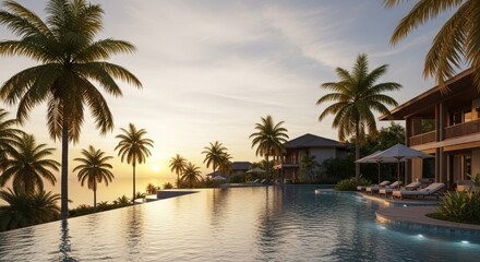 Tropical Paradise - Luxurious Resort with Infinity Pool and Palm Trees at Sunset.