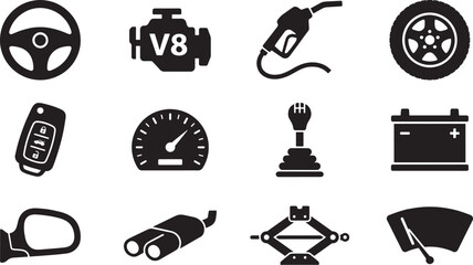 Fototapeta premium Automotive and Car Parts Solid Icons Set with Steering Wheel, Engine, Fuel, Tire, Speedometer and Tools Symbols