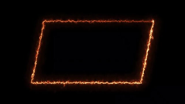 Neon orange slanted parallelogram glowing frame animation motion graphics on isolated dark black background.
