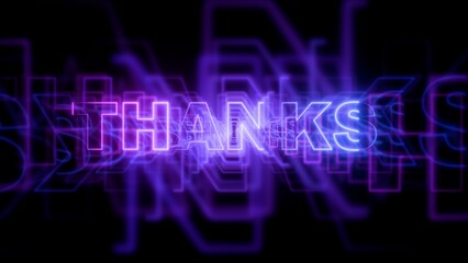 Neon glowing Thanks text on dark background with purple geometric lines, futuristic thank you concept with abstract light leaks and digital overlay.