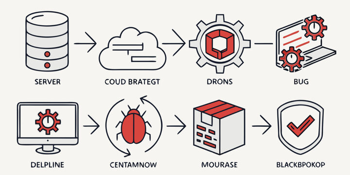 Illustration of a hacker attacking a network with various security threats Vector